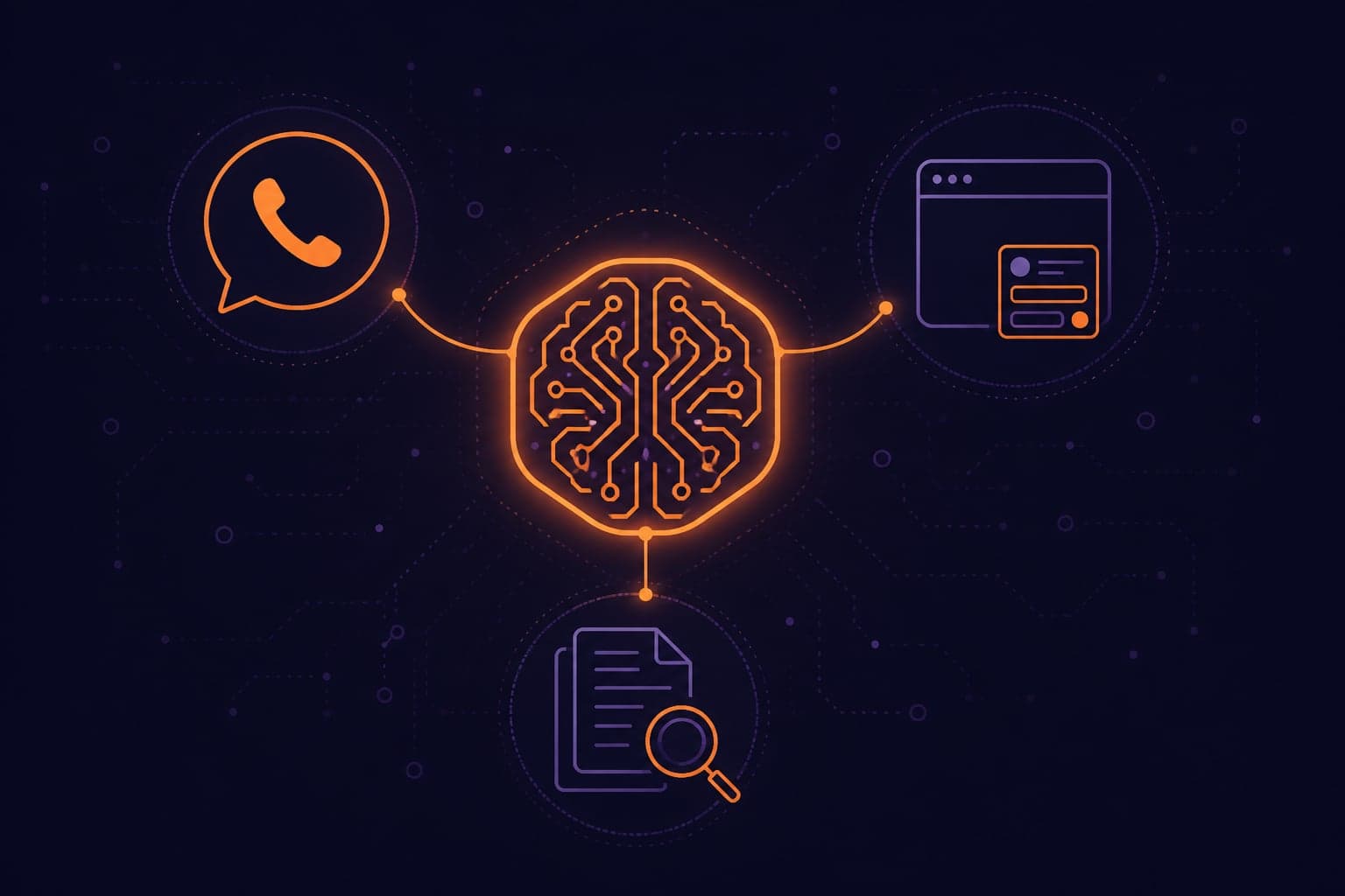 One AI assistant brain connected to WhatsApp messaging, a website chat widget, and document research