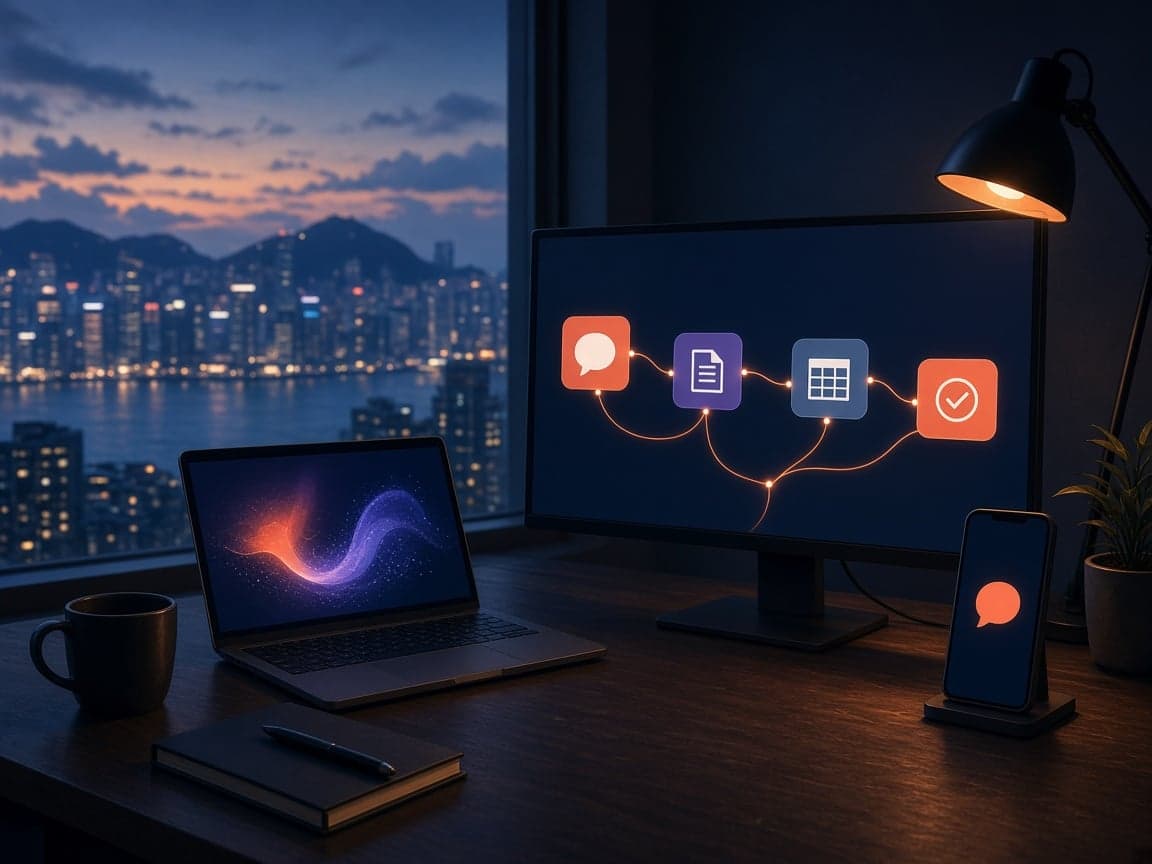 A Hong Kong studio desk at dusk: a monitor showing a workflow of connected nodes, from a chat message through a document and a spreadsheet to an approval tick, with a phone lit by a chat bubble and the harbour skyline behind