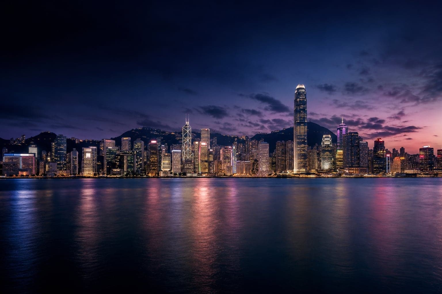 黃昏時分從維多利亞港眺望香港島天際線