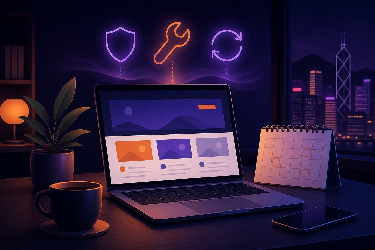 A laptop on a studio desk at night showing a company website, with a calendar beside it and shield, wrench and refresh symbols above, against the Hong Kong skyline